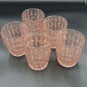 5 Vtg Jeanette Holiday Buttons and Bows Pink Depression 4" Flat Glasses